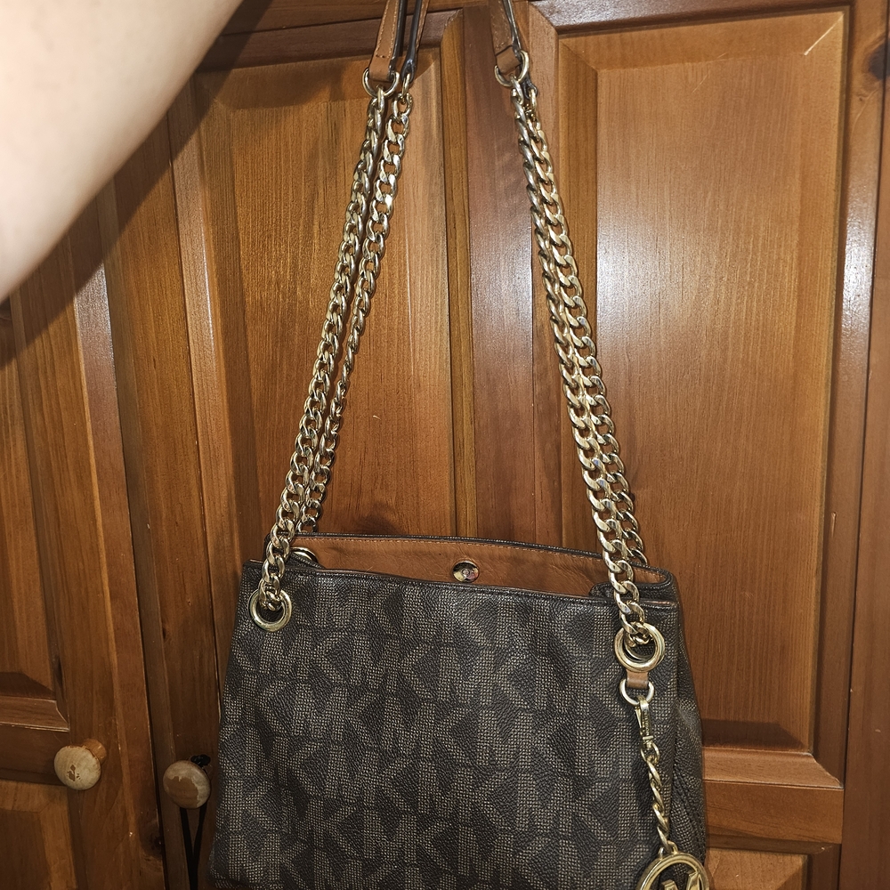 Michael Kors Monogram Shoulder Bag with Gold Chain